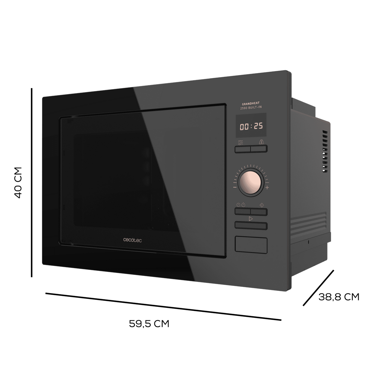 Czarny piekarnik mikrofalowy, z oznaczonymi wymiarami. Posiada cyfrowy wyświetlacz pokazujący 00:25 oraz różne przyciski sterowania i pokrętło.