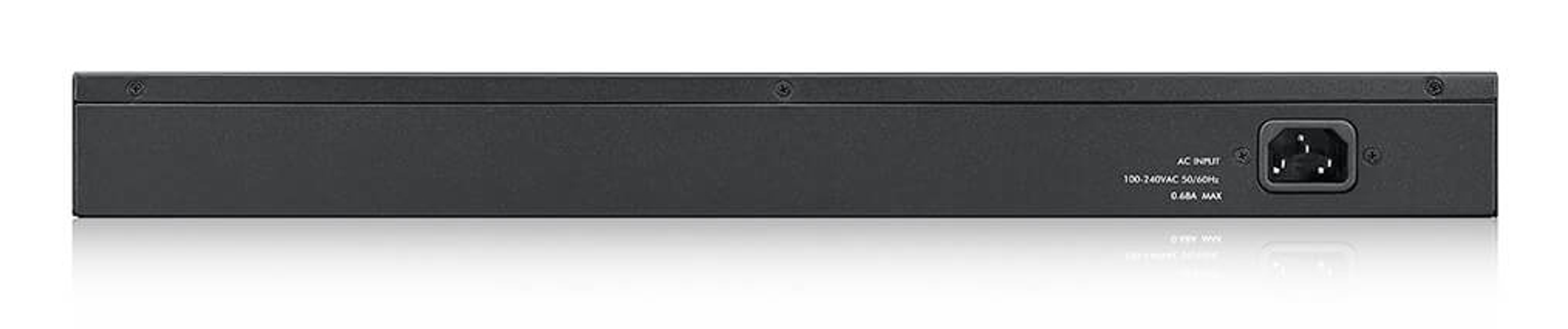 Czarny przełącznik sieciowy, widok z tyłu. Wejście zasilania AC po prawej. Śruby u góry. Odbicie na białej powierzchni.