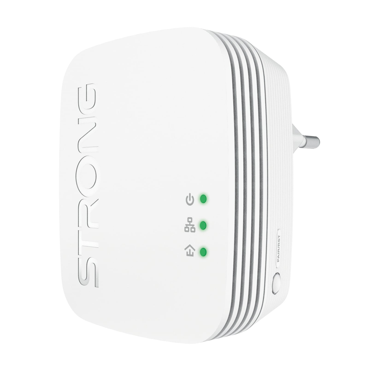 Biały adapter powerline z wtyczką. Ma napis STRONG i 3 zielone światła. Prawa strona ma przycisk i kilka linii.
