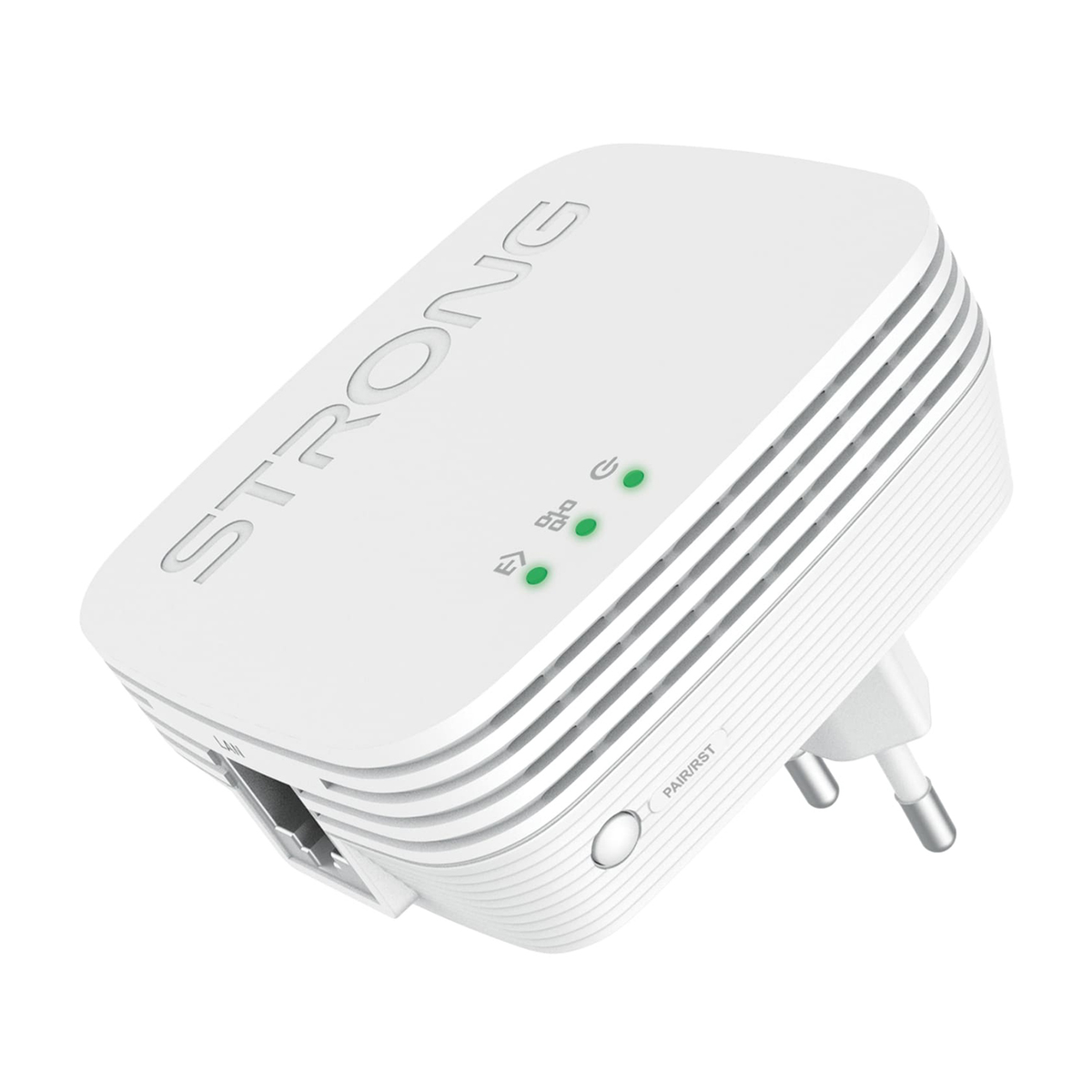 Biały wzmacniacz WiFi Strong z zielonymi diodami stanu, portem LAN i wtyczką. Urządzenie ma markę na górze.