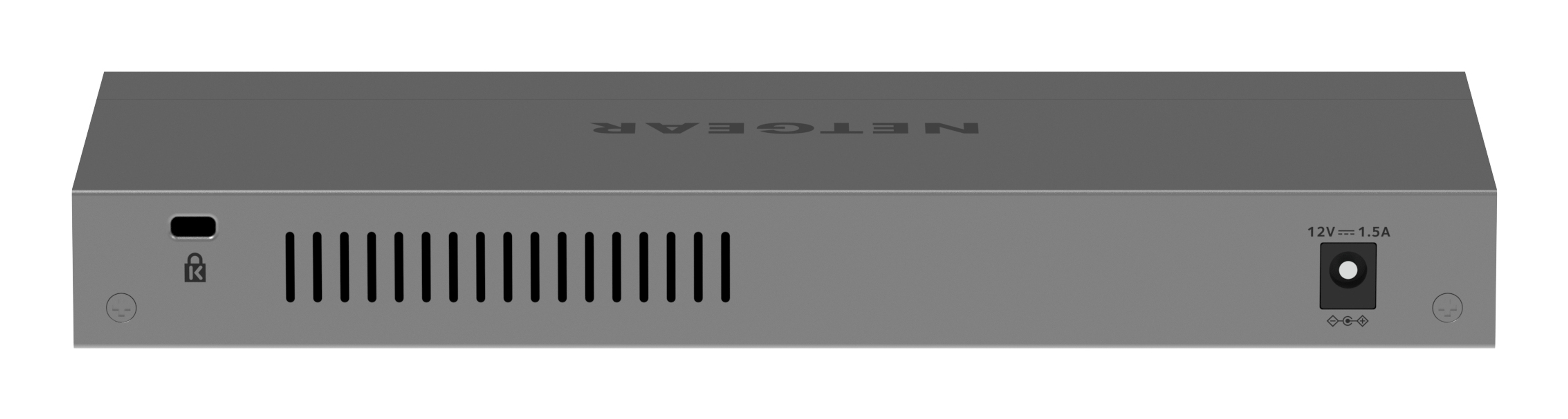Un commutateur réseau gris avec le nom NETGEAR. Il possède des fentes d'aération, un port d'alimentation et un symbole de cadenas.