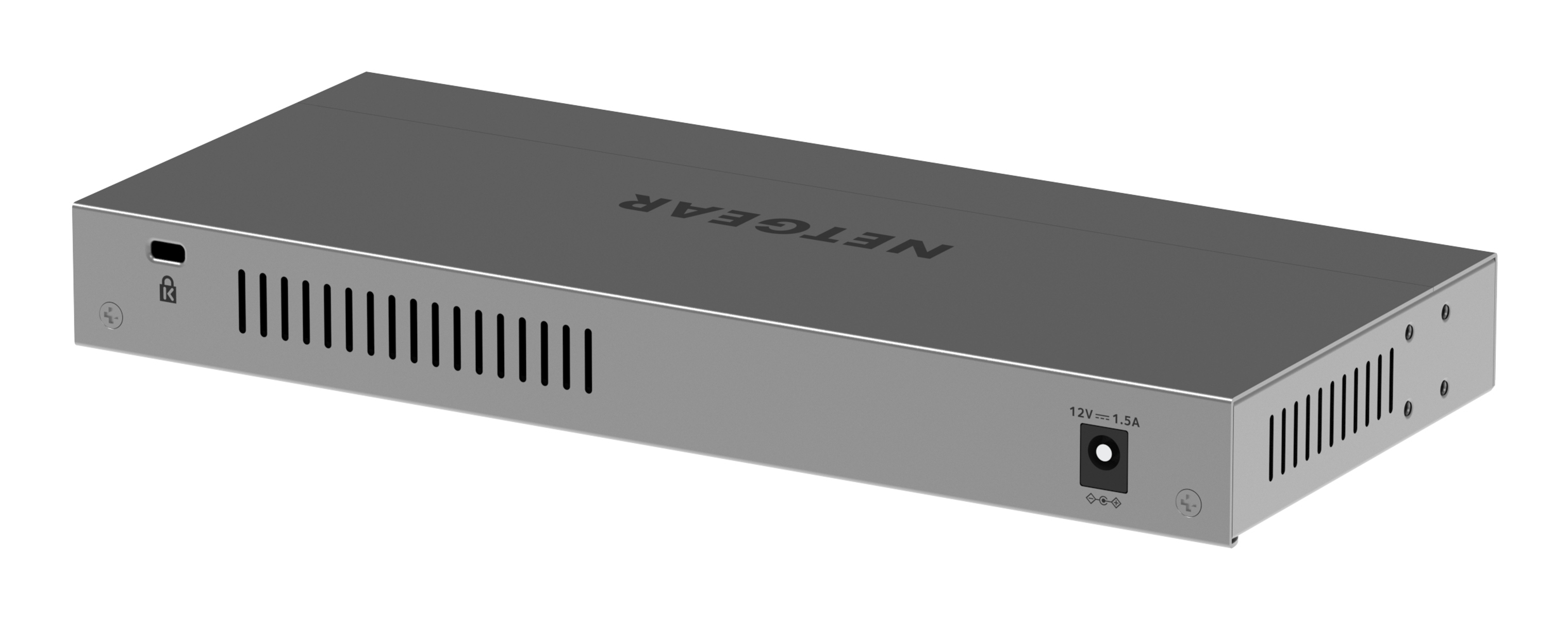 Un commutateur réseau Netgear gris. Il possède des orifices d'aération, une entrée d'alimentation et un symbole de cadenas. Le dessus porte NETGEAR en lettres noires.
