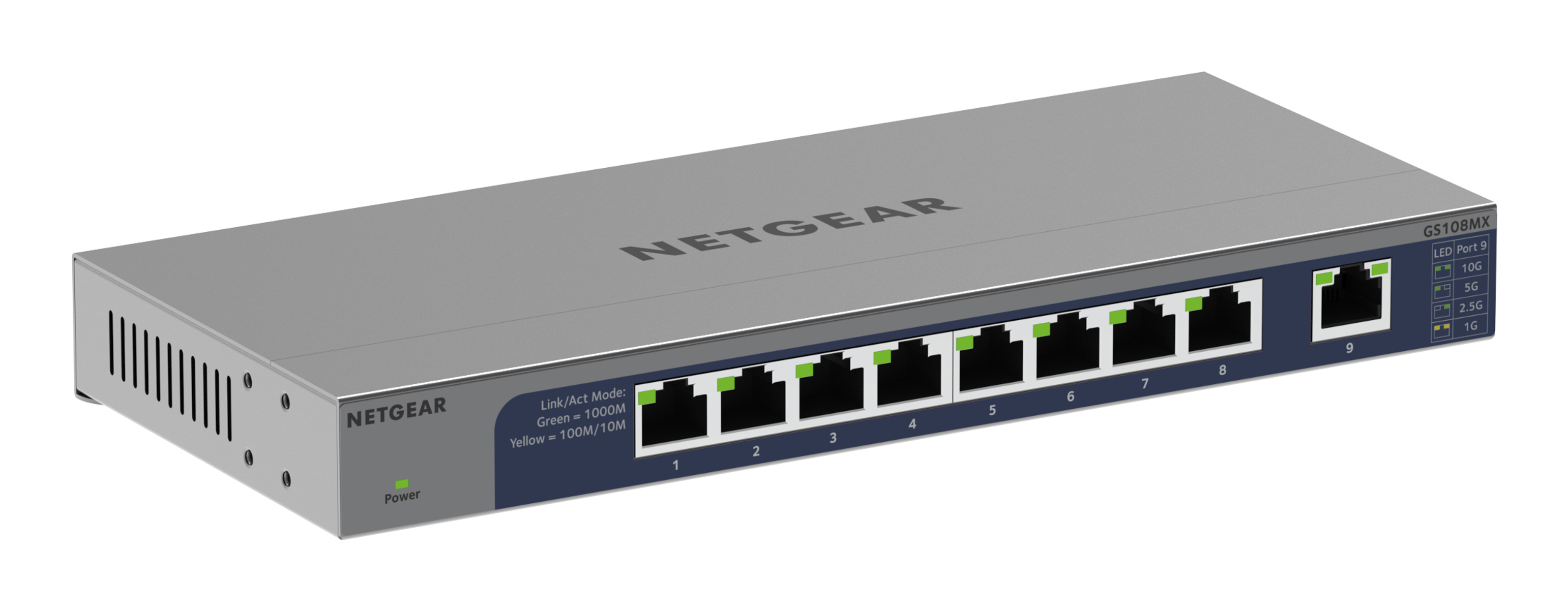 Un commutateur réseau NETGEAR GS108MX gris. Il dispose de plusieurs ports avec des voyants d'activité verts et jaunes et un indicateur d'alimentation.