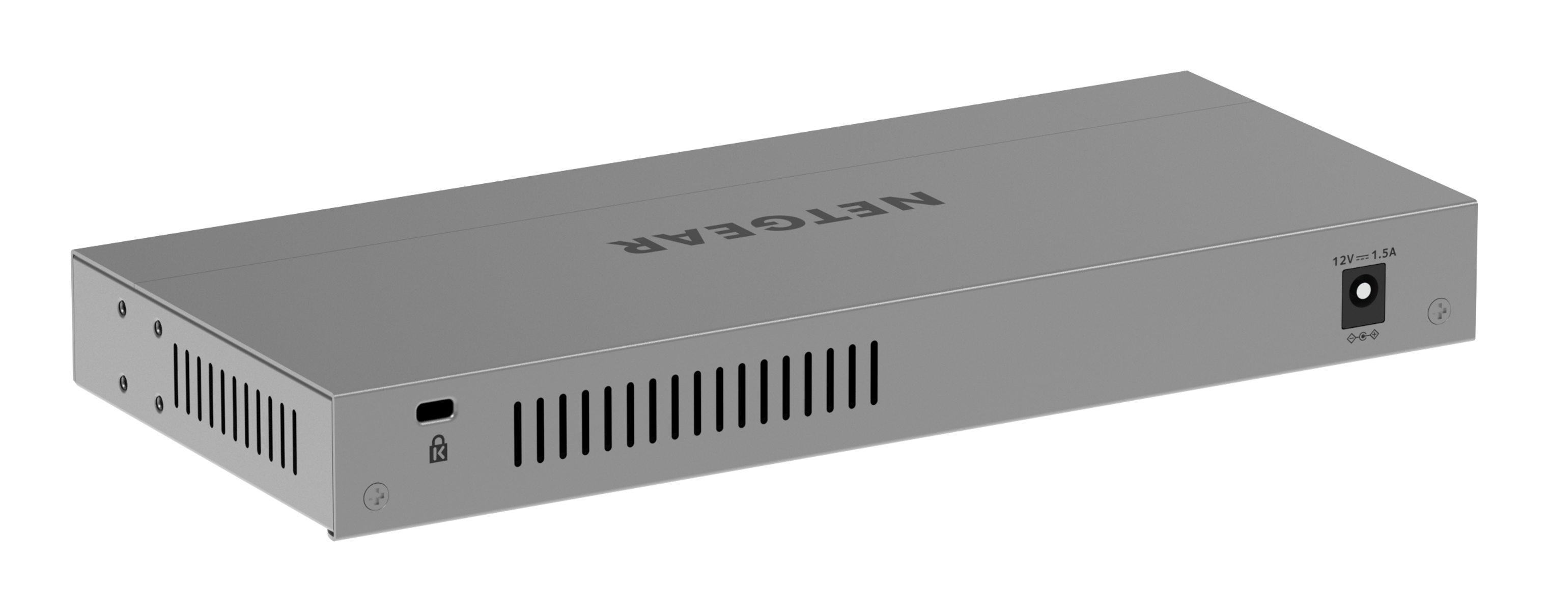 Un commutateur réseau Netgear gris. Il porte le nom de la marque en haut. Dispose de plusieurs ports et d'une entrée d'alimentation à l'arrière.
