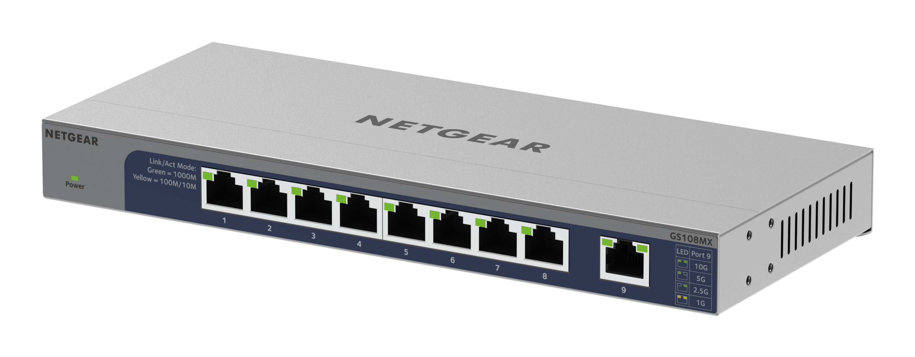 Un commutateur réseau Netgear gris avec 9 ports. Il dispose d'un indicateur d'alimentation et de LED pour l'activité de liaison. Le modèle est GS108MX.