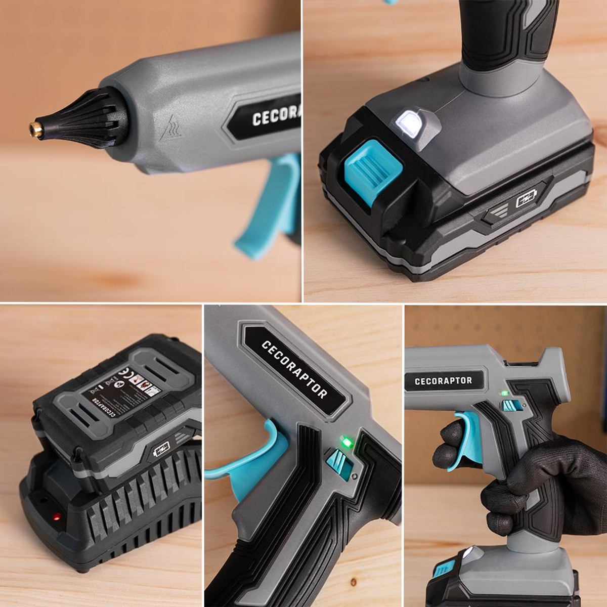 Szaro-czarny bezprzewodowy pistolet do kleju z niebieskim spustem. Pokazuje zbliżenia i pistolet w użyciu.