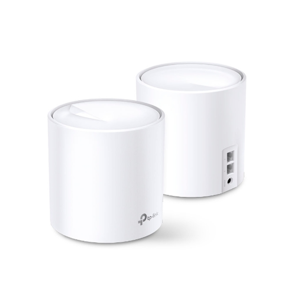 Twee witte, cilindervormige TP-Link wifi-repeaters. Eén laat de voorkant zien, de ander de achterkant met poorten. Beide op witte achtergrond.