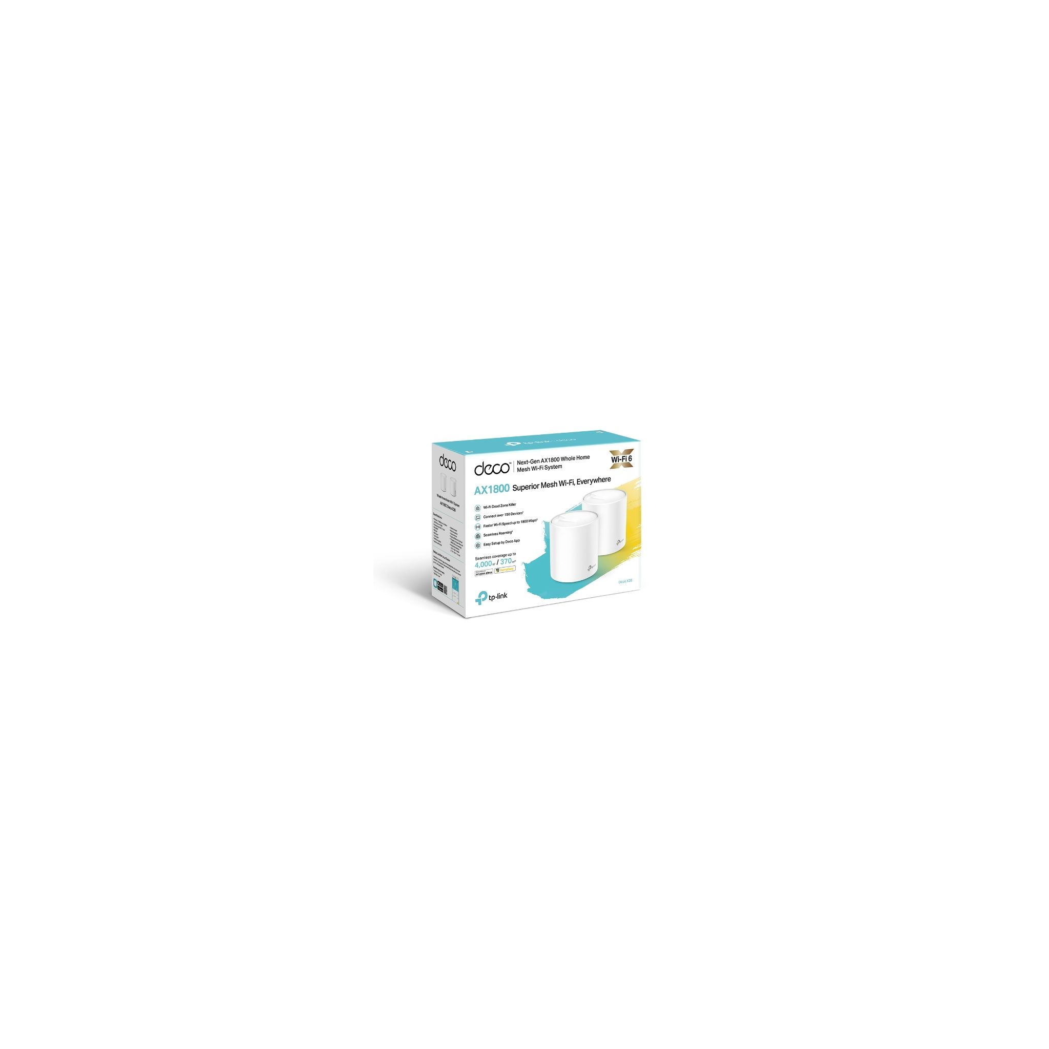 Een witte doos met een Wi-Fi-systeem. Het is een TP-Link Deco AX1800. Twee witte cilindrische apparaten zijn zichtbaar.