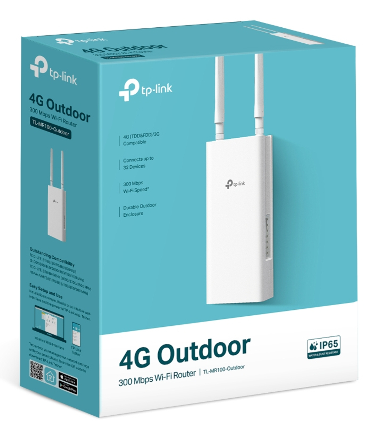 Een doos met een TP-Link 4G outdoor router. Witte router met twee antennes. Tekst op de doos beschrijft functies en specificaties.