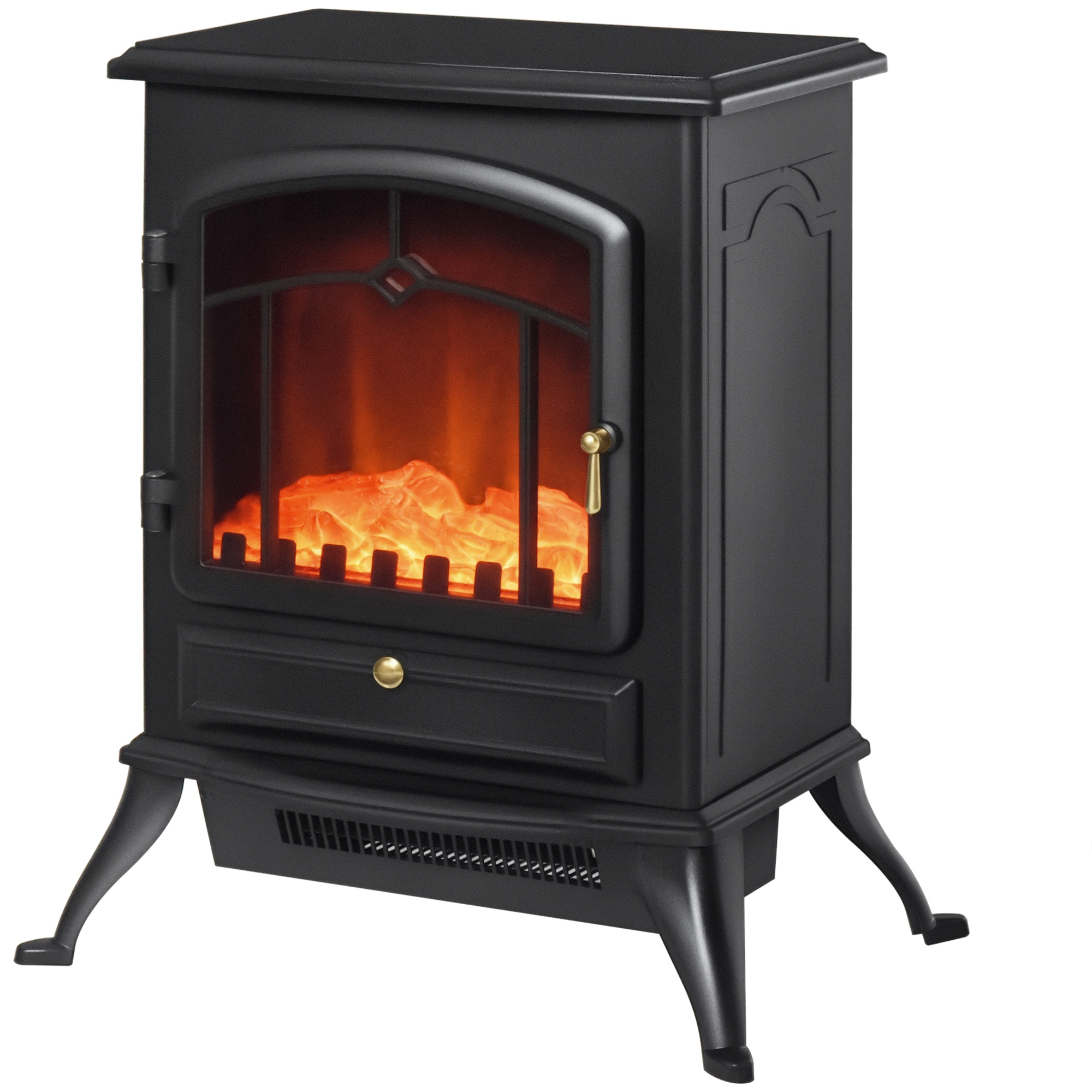 Caminetto elettrico nero con effetto fiamma arancione. Ha un cassetto, una porta ed è su quattro gambe.