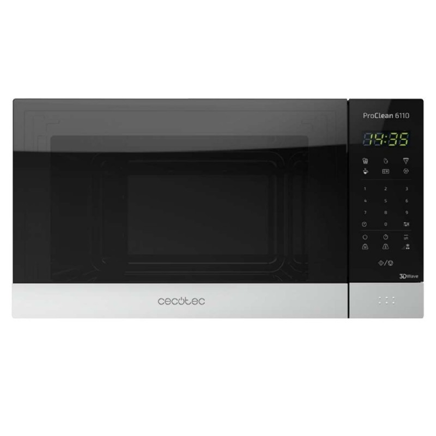 Czarno-srebrna kuchenka mikrofalowa Cecotec. Ma cyfrowy zegar pokazujący 09:35. Panel sterowania znajduje się po prawej stronie.