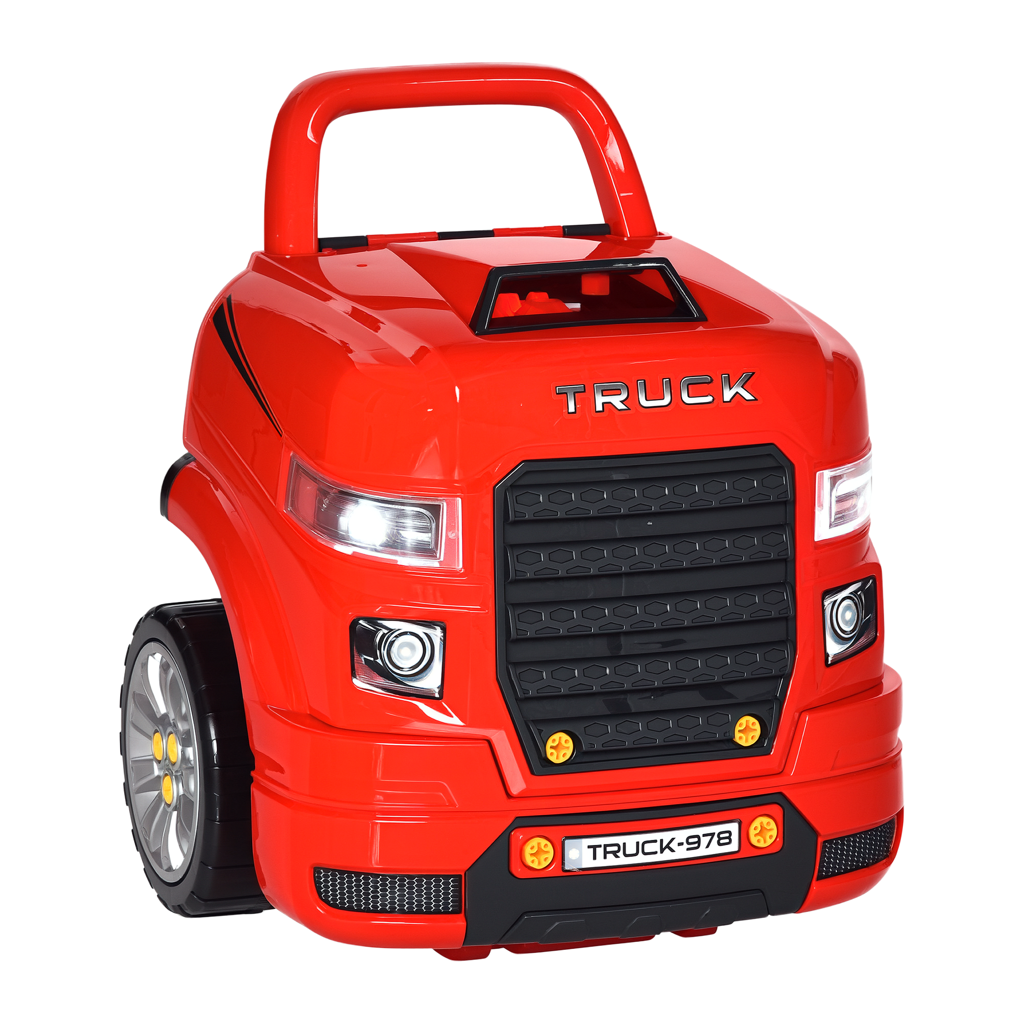 Camion giocattolo rosso con maniglia, griglia nera, luci e la scritta TRUCK. Ha una targa TRUCK-978.