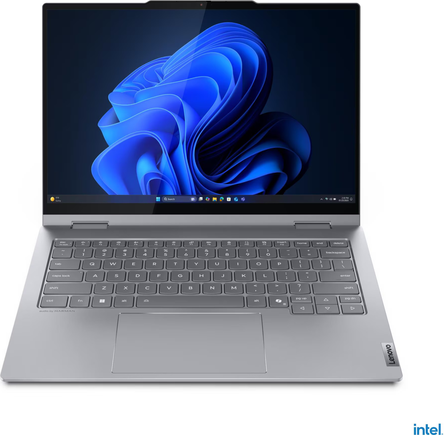 Gümüş renkli bir Lenovo dizüstü bilgisayar açık, mavi soyut bir arka plan gösteriyor. Klavye ve dokunmatik yüzey görünür. Intel logosu sağ altta.