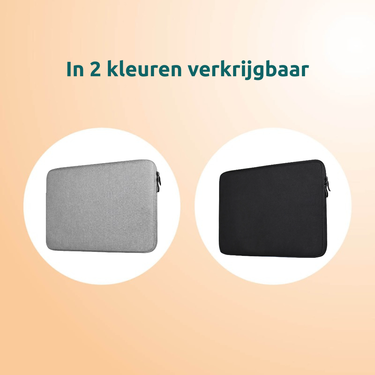 Two laptop sleeves, one gray, one black, are displayed. The text above states 'Available in 2 colors'.