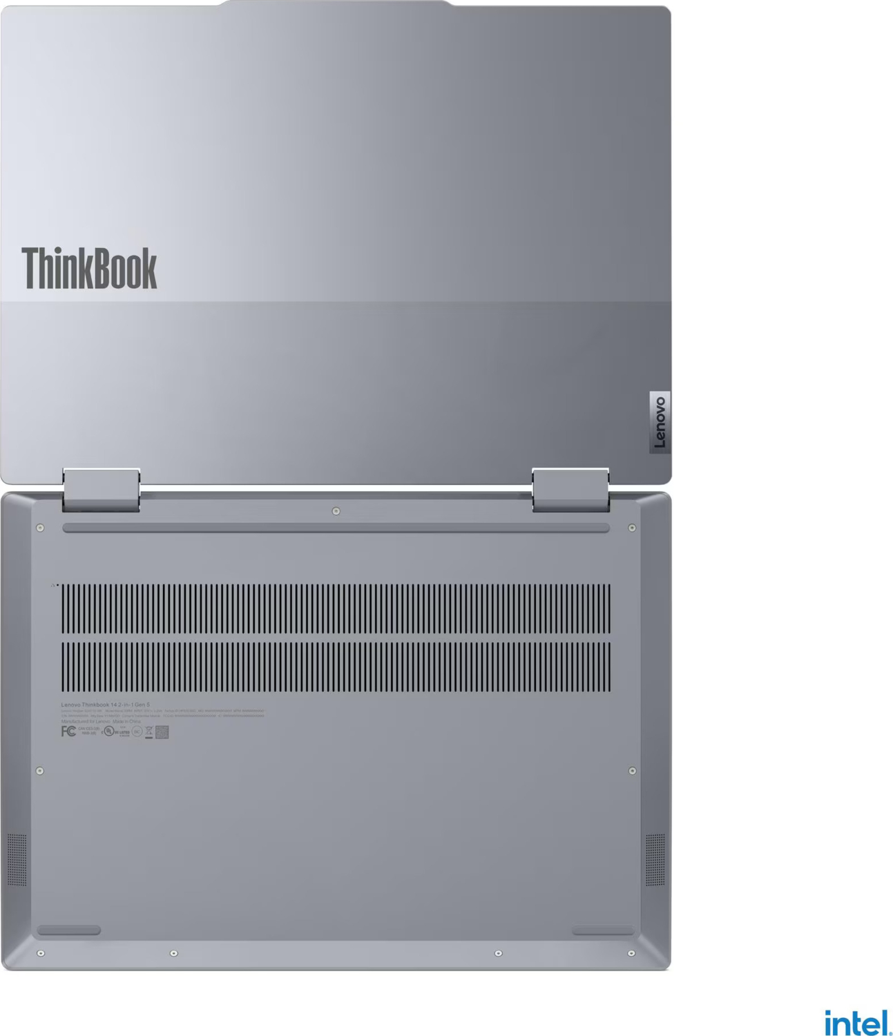 Gri bir Lenovo ThinkBook dizüstü bilgisayarı açık. Üst kısımda ThinkBook logosu görülüyor. Alt kısımda havalandırma delikleri ve özellikler görülüyor. Sağ altta Intel logosu.