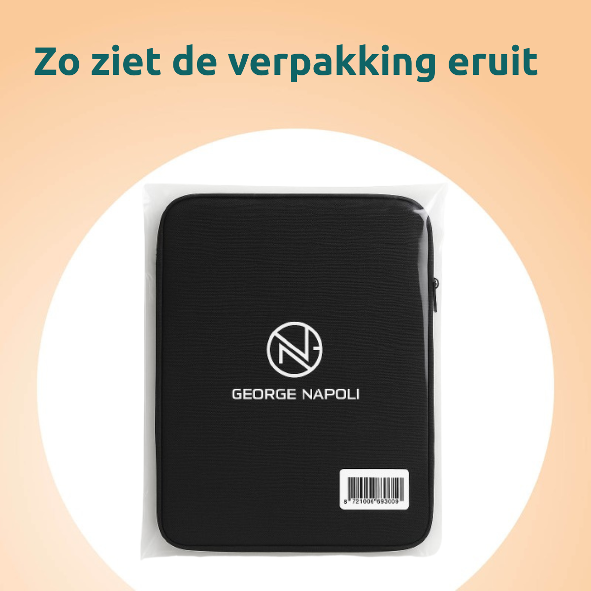 Black George Napoli case in plastic. White logo and text. Barcode in the bottom right corner. Text on top: 'Zo ziet de verpakking eruit'.