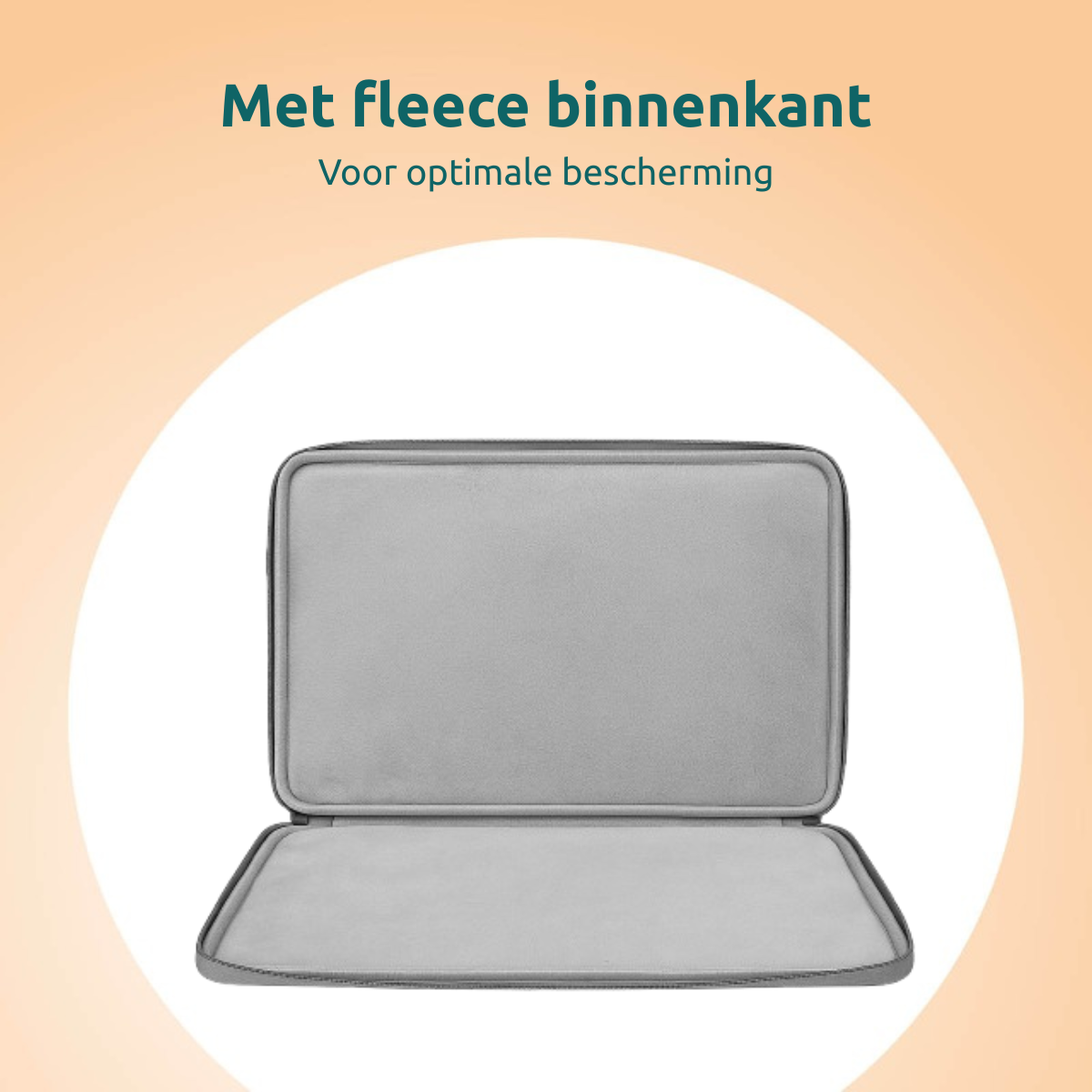 Open grey laptop case on a white circle, with text above, and an orange-white gradient background.