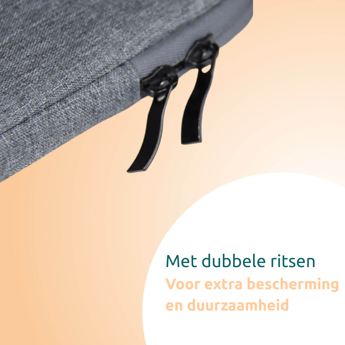 Close-up of a gray fabric with two black zipper pulls. Text below reads 'With double zippers' and 'For extra protection and durability'.