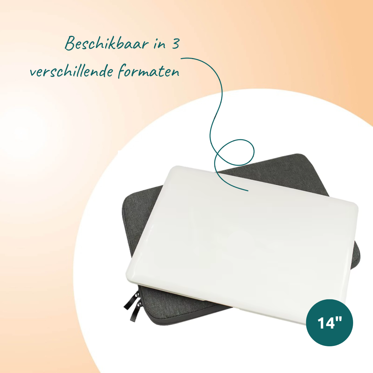 White laptop on a gray case. Text above says 'Available in 3 different sizes'. A green circle displays '14"'.