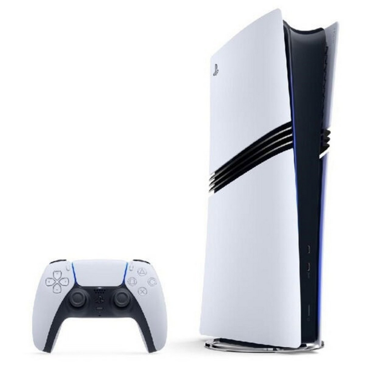 Biała konsola i kontroler PlayStation 5. Konsola jest pionowa. Kontroler jest po lewej stronie.