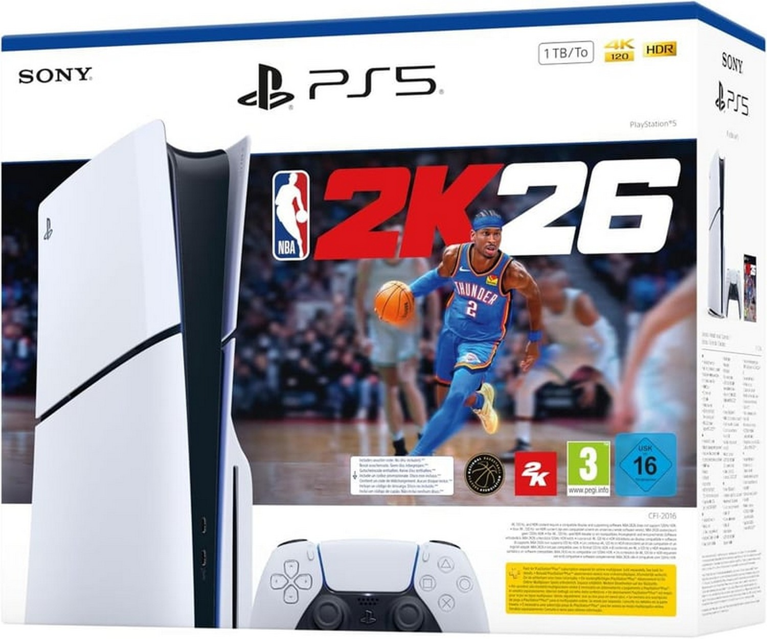 PS5 konsolu, basketbolcu, kontrolcü ve NBA 2K26 oyun kutusu. Beyaz ve mavi renkler hakim.