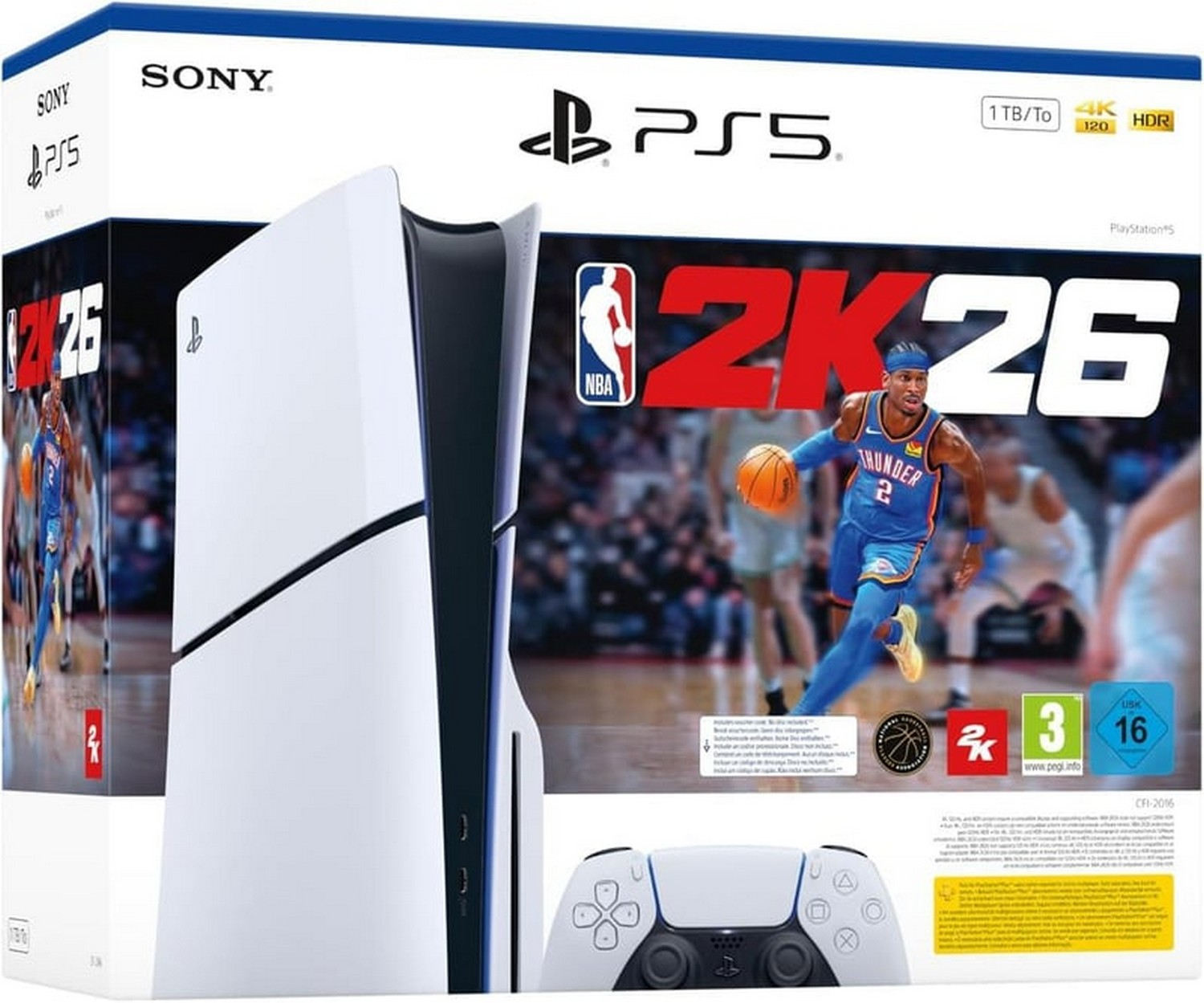 Mavi üniformalı bir basketbol oyuncusunun yer aldığı NBA 2K26 oyunuyla bir PS5 konsol kutusu. Altta beyaz bir kontrolcü.