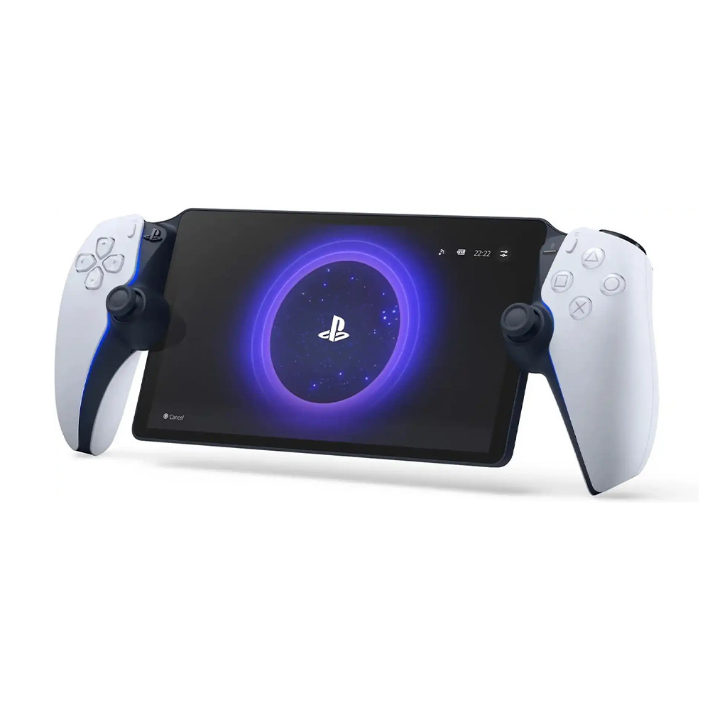 Un dispositivo PlayStation portatile con schermo che mostra il logo PlayStation, affiancato da controller bianchi con dettagli blu.