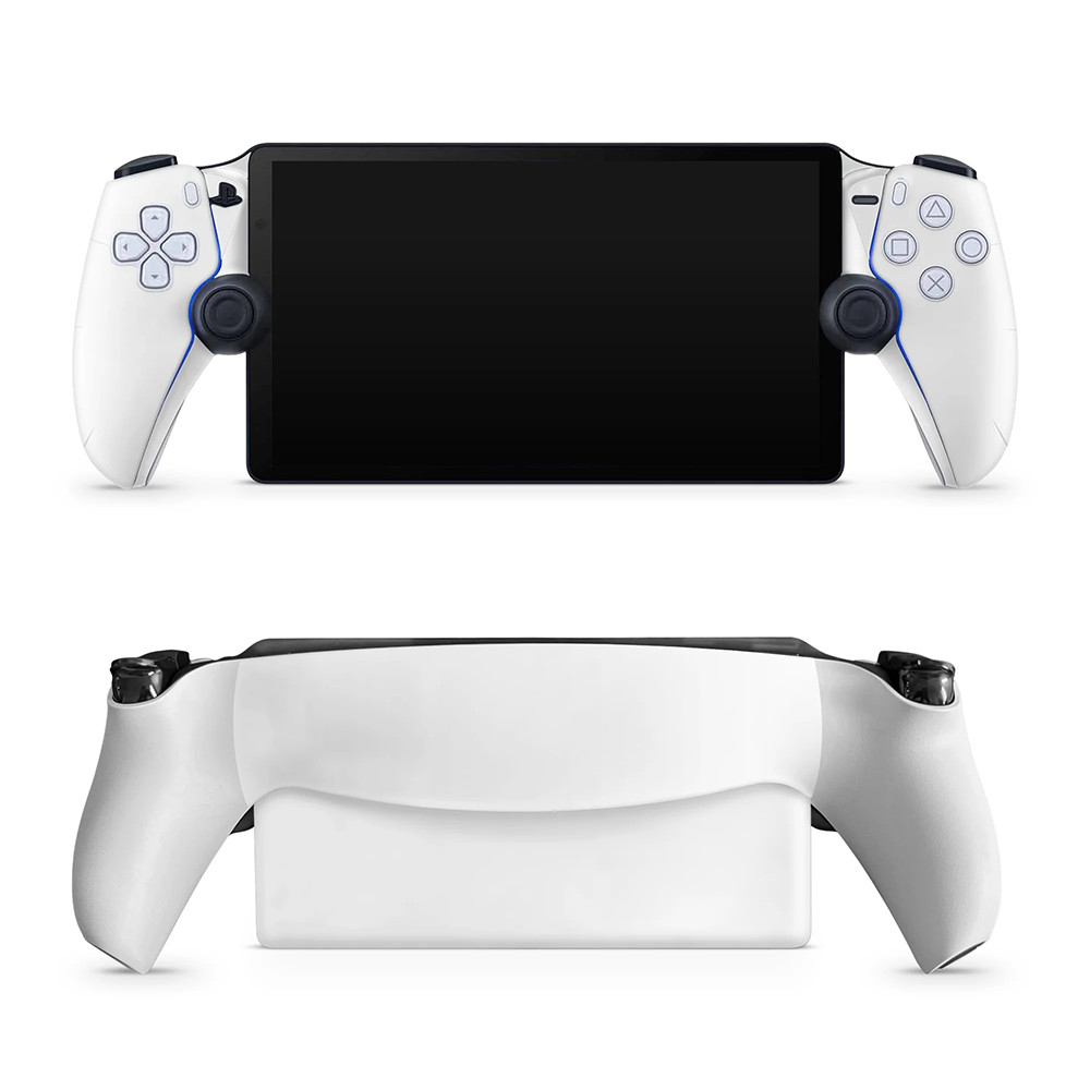 Un supporto bianco per tablet con controller bianchi su entrambi i lati. Lo schermo è nero. Lo sfondo è bianco.