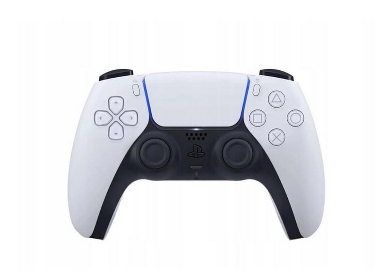 Beyaz ve siyah bir Playstation 5 kontrolcüsü. Ortasında düğmeler ve bir dokunmatik yüzey bulunur. Arka plan beyazdır.