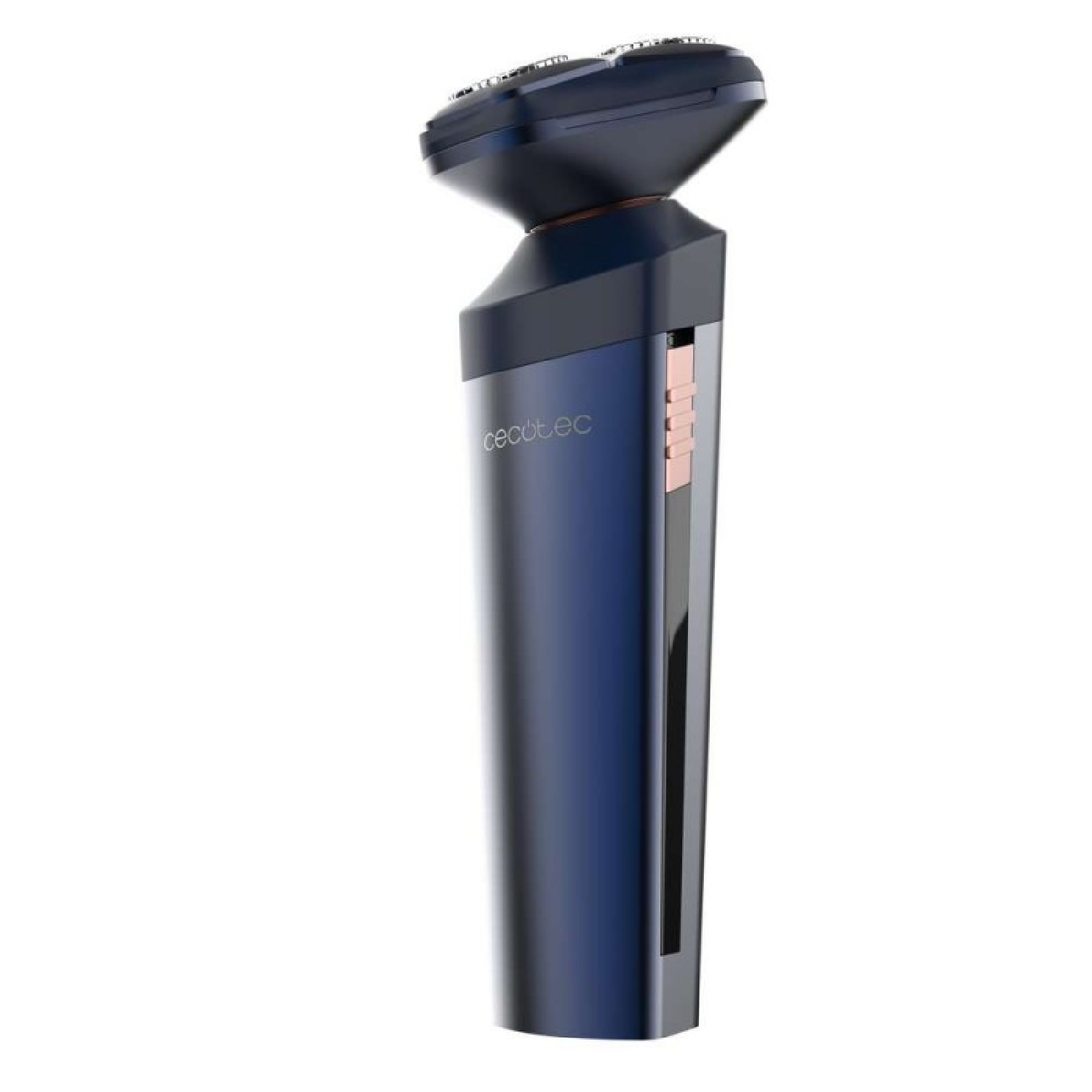 Un rasoio elettrico blu e nero. Il rasoio ha un corpo cilindrico e una testa con lame rotanti. Il marchio è visibile.