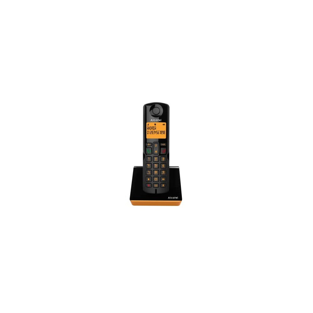 Un téléphone sans fil Alcatel noir sur une base noire et orange. L'écran affiche un contact et un numéro.