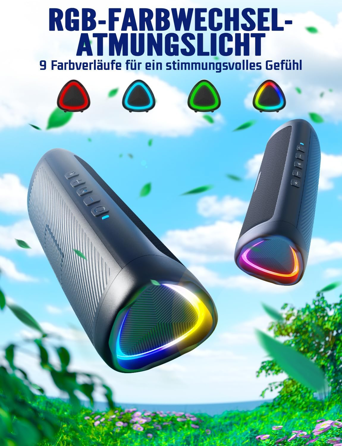 Dwa czarne głośniki z kolorowymi światłami. Tło to błękitne niebo z chmurami i zieloną trawą.