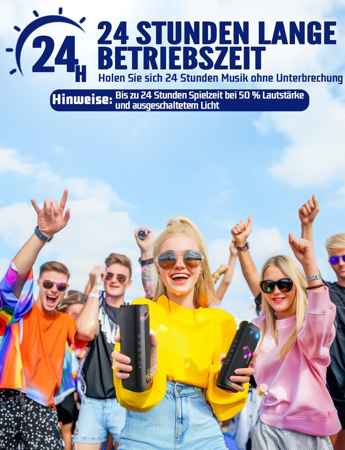 Ludzie na koncercie trzymają głośniki. Blonda kobieta w żółtym uśmiecha się. Tekst w języku niemieckim mówi 24 godziny odtwarzania.