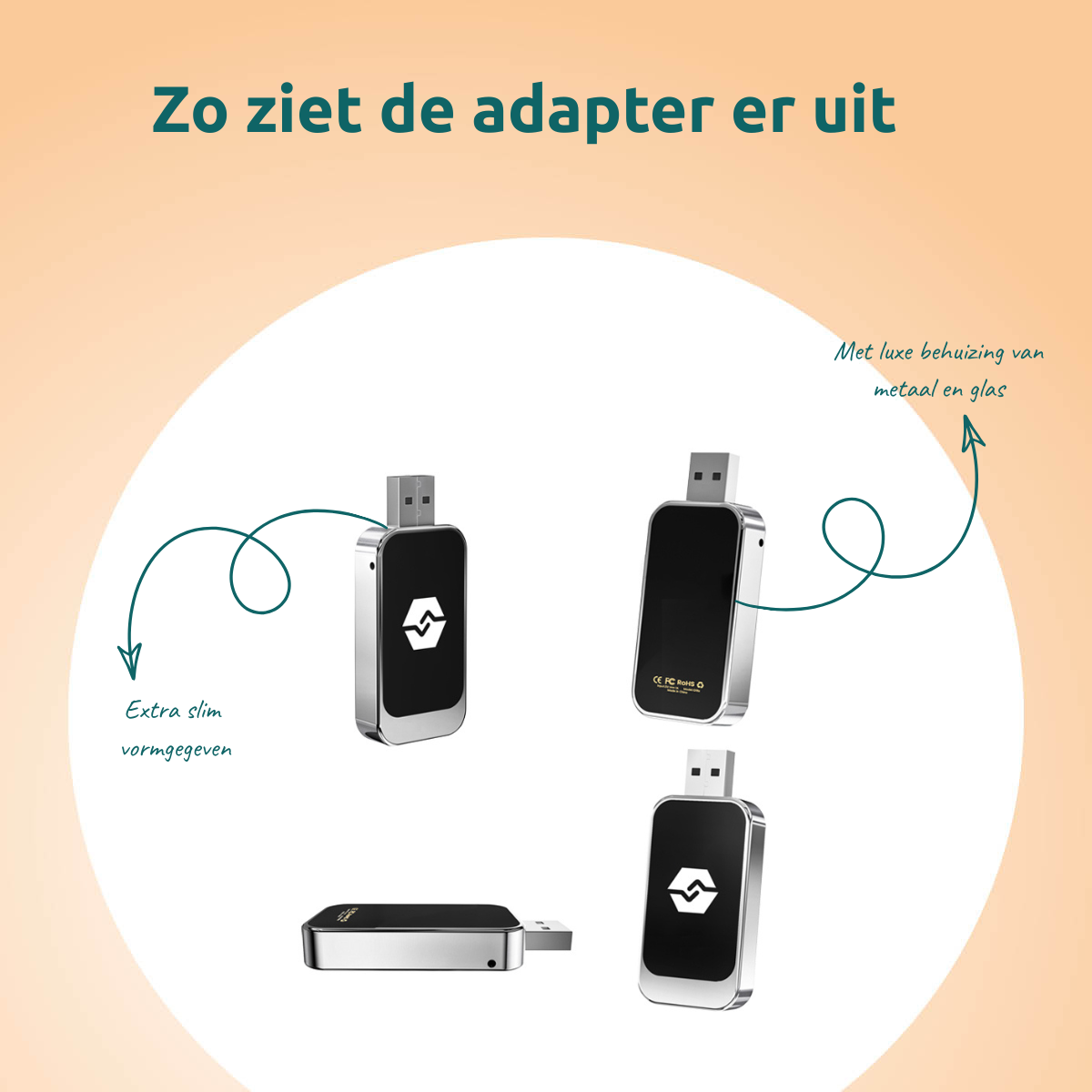 Image shows a USB adapter with a black face and a silver frame, presented in different angles. Text describes its features.