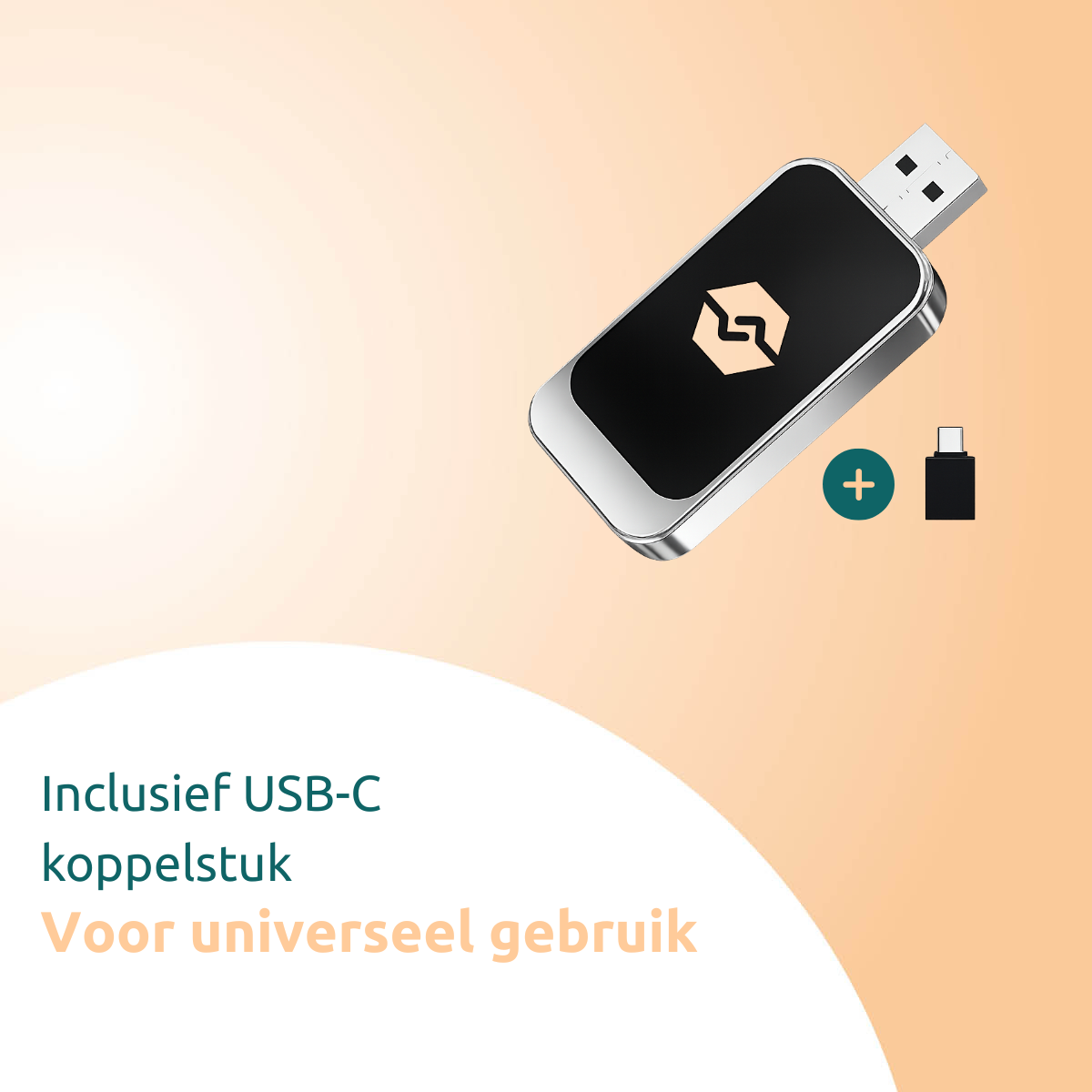 A USB flash drive with a black surface and a logo, a USB-C adapter, and a green plus sign against an orange background.