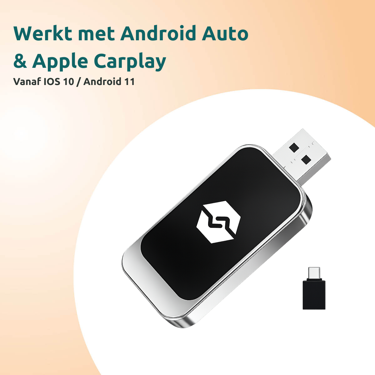 A USB adapter with a black face and white logo, a USB-A connector, and a small black adapter are shown against a white background.