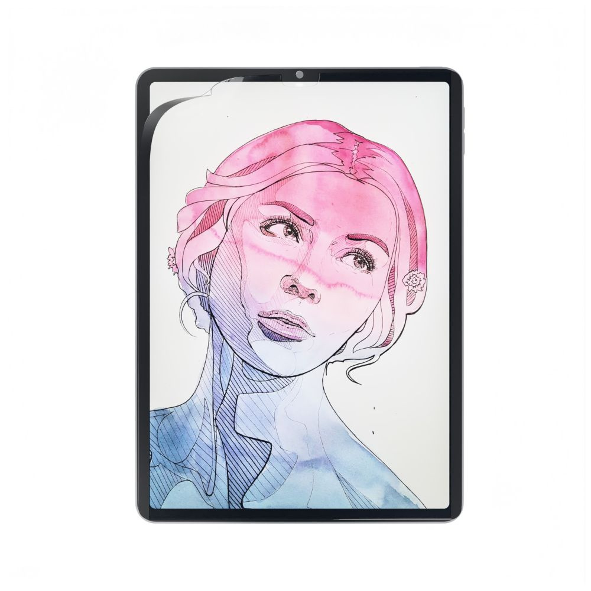 Un tablet mostra un ritratto ad acquerello di una donna con i capelli rosa e il collo blu.