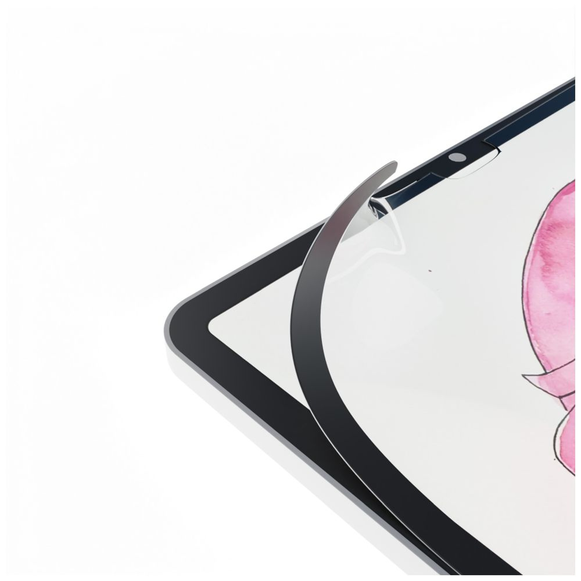 Schermo del tablet con disegno ad acquerello rosa, pellicola protettiva staccata e bordo nero su sfondo bianco.