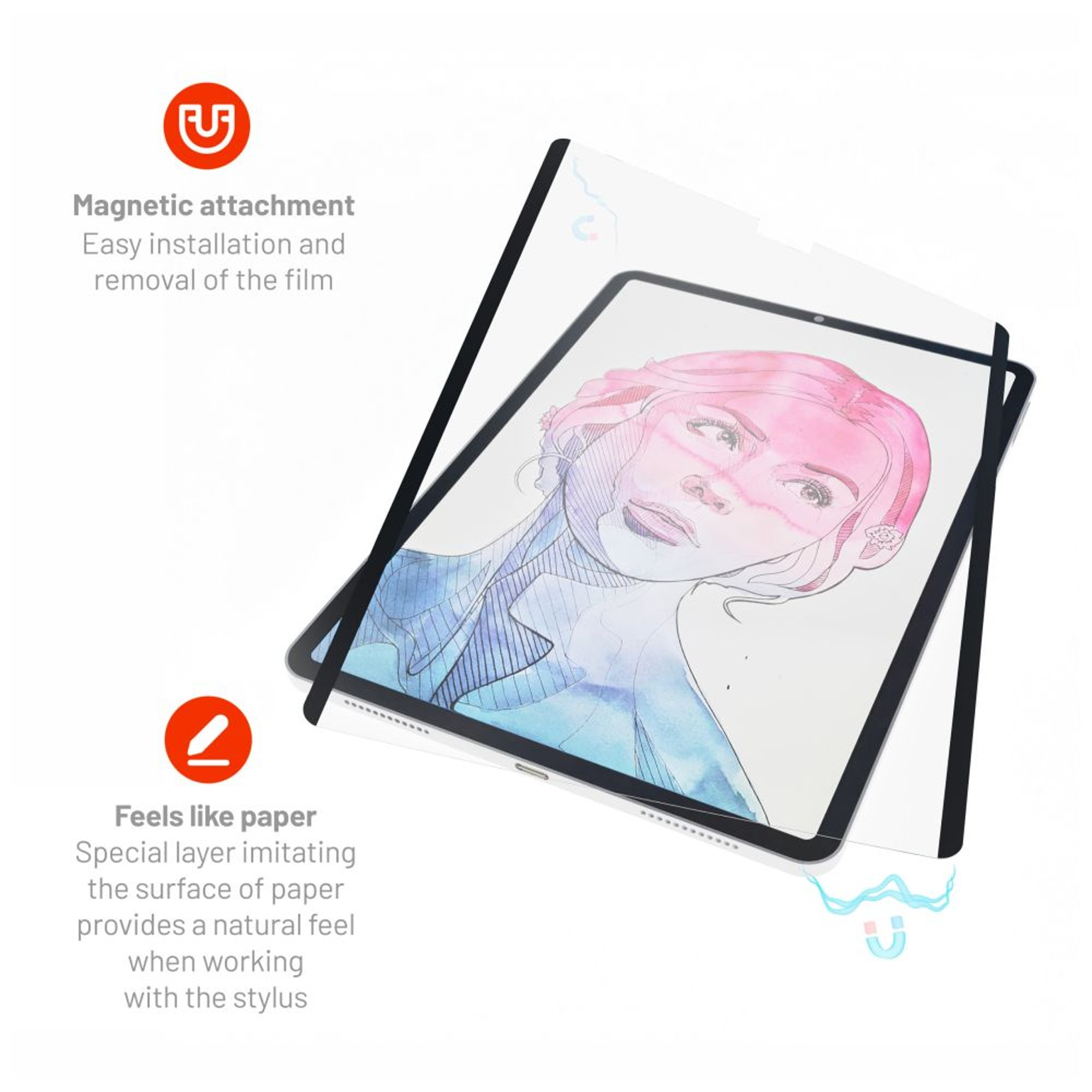 Un tablet con protezione schermo, con un disegno del volto di una donna. Il testo evidenzia l'attacco magnetico e la sensazione di carta.