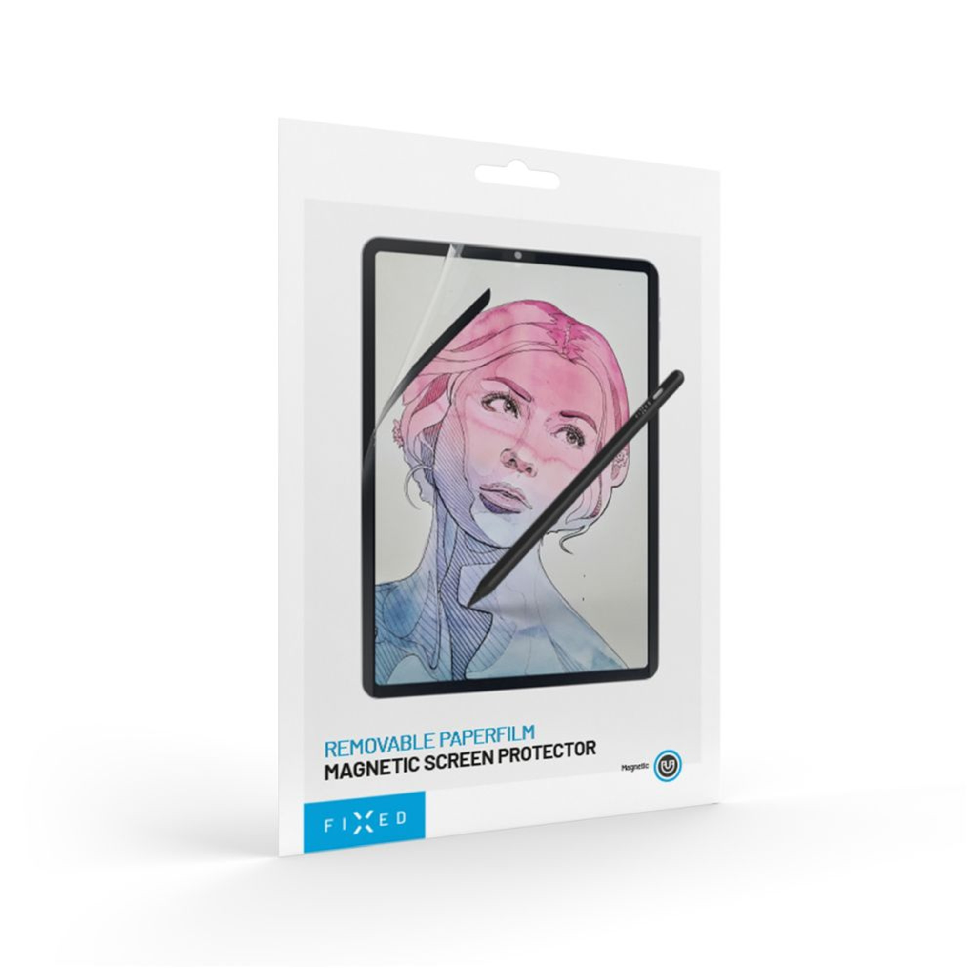 Una confezione di protezione per schermo per tablet. Ha un disegno di una donna e due penne. Il marchio è FIXED.