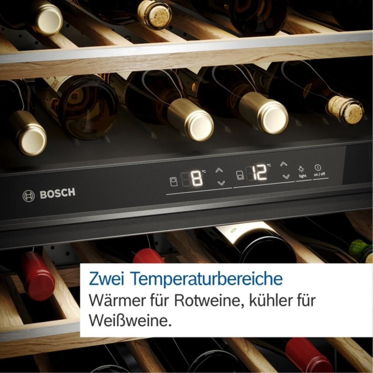 Weinkühler mit Flaschen. Zeigt Temperaturen von 8 und 12 Grad an. Text: Zwei Temperaturzonen. Wärmer für Rotwein, kühler für Weißwein.