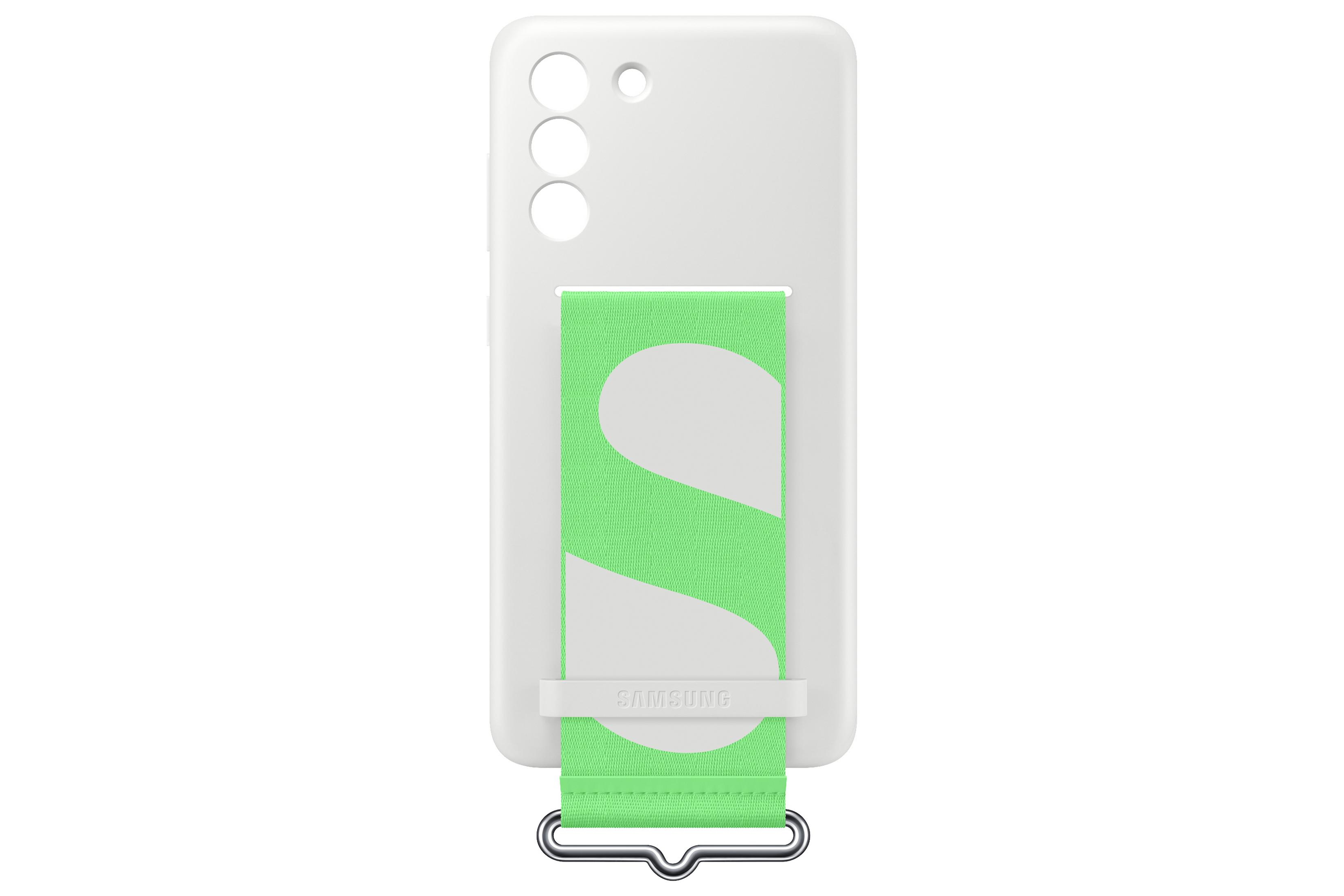 Weißes Telefoncase mit grünem Riemen. Riemen hat weißes S-Design. Silberner Verschluss unten.