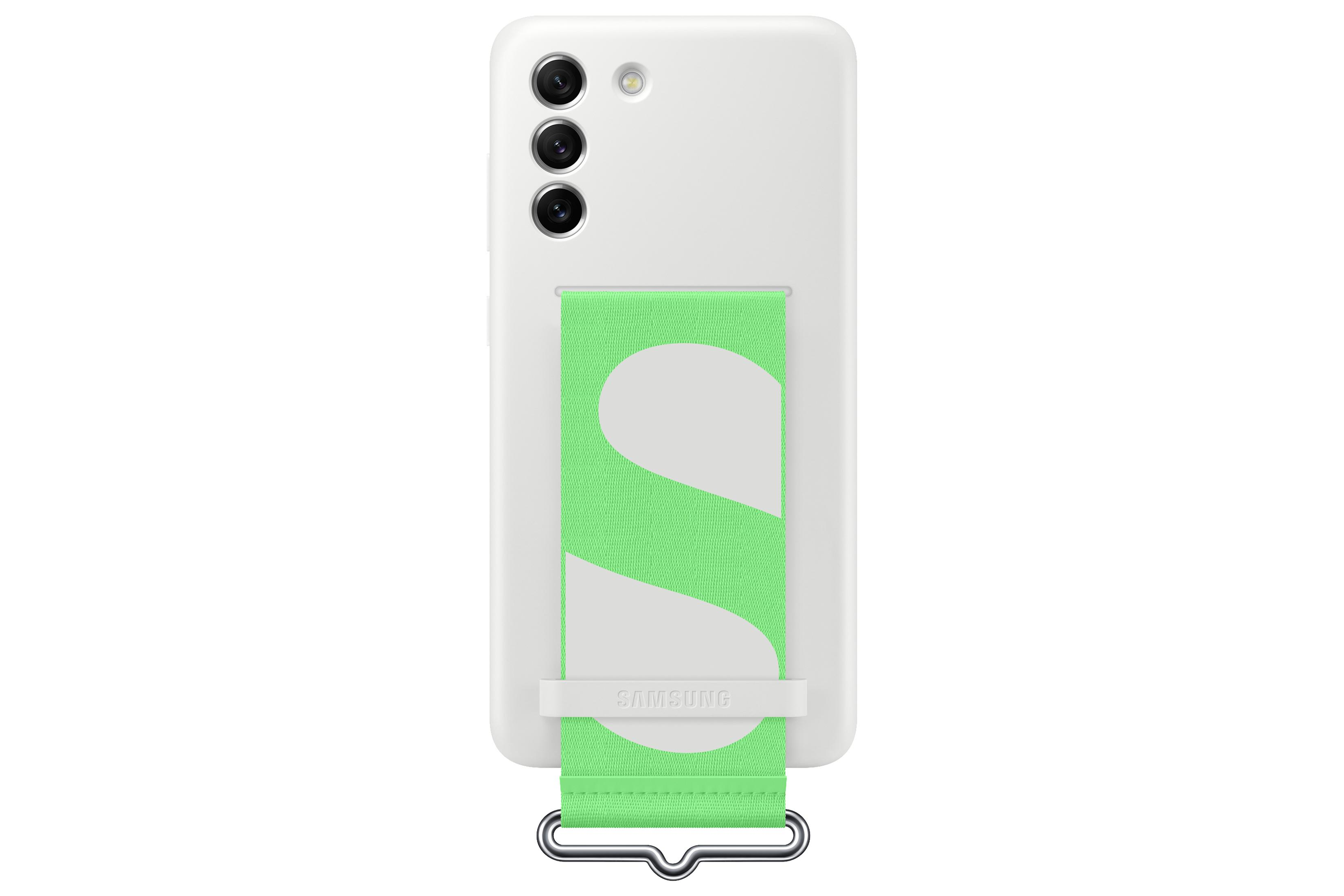 Weißes Telefoncase mit grünem Riemen. Riemen hat weißes S-Design. Case hat Kamera und Samsung-Logo.
