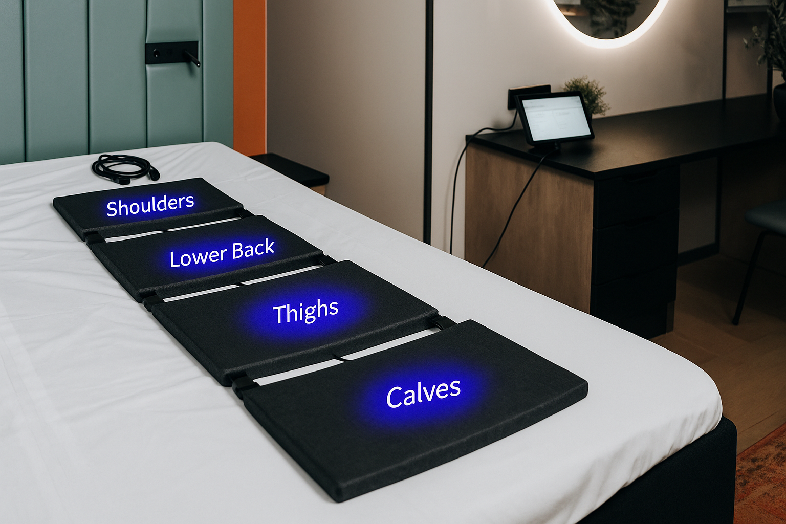 Een bed met een zwart massagekussen met labels voor schouders, onderrug, dijen en kuiten. Een bureau en spiegel staan op de achtergrond.