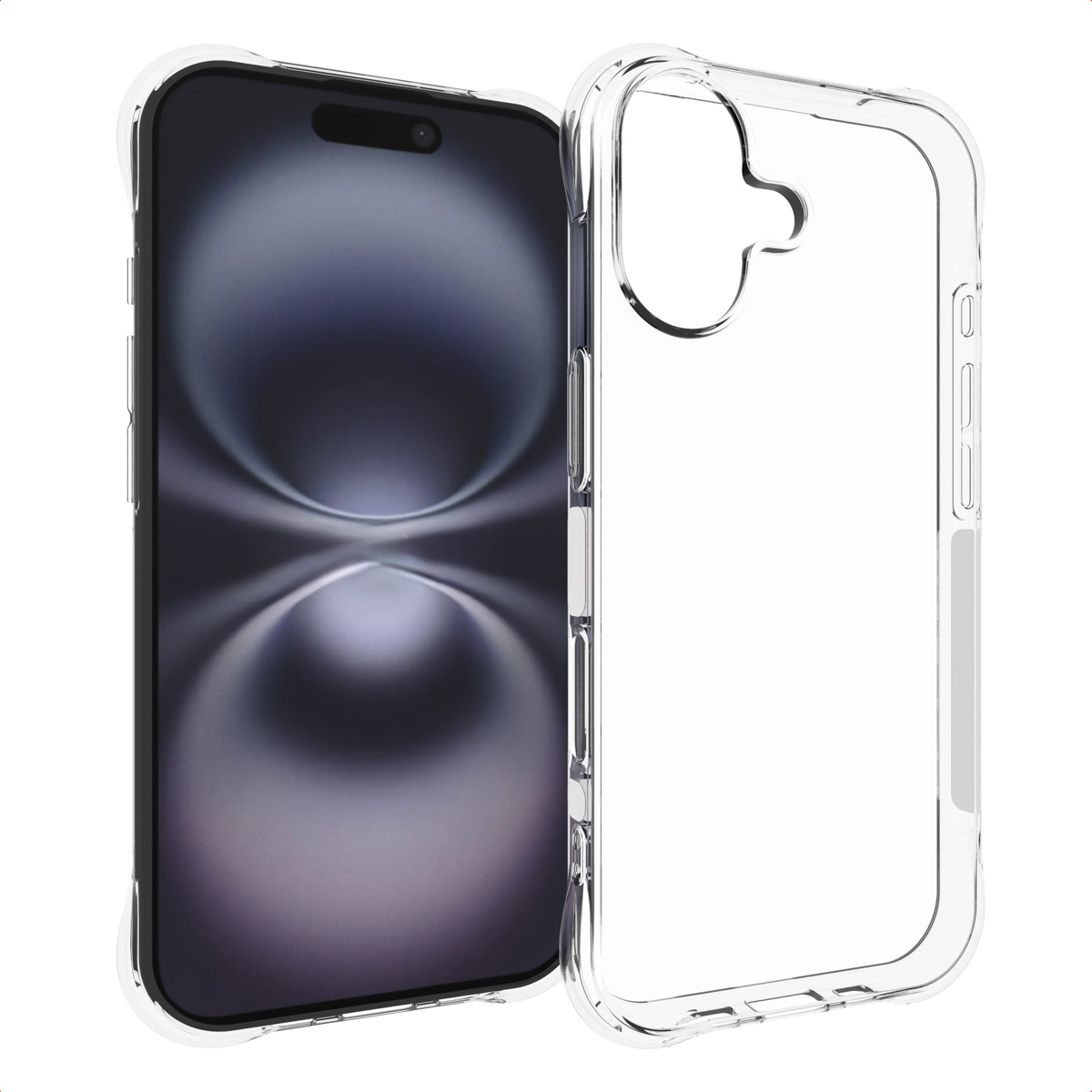 Une coque de téléphone transparente à côté d'un smartphone à écran sombre. La coque est transparente et de design simple.