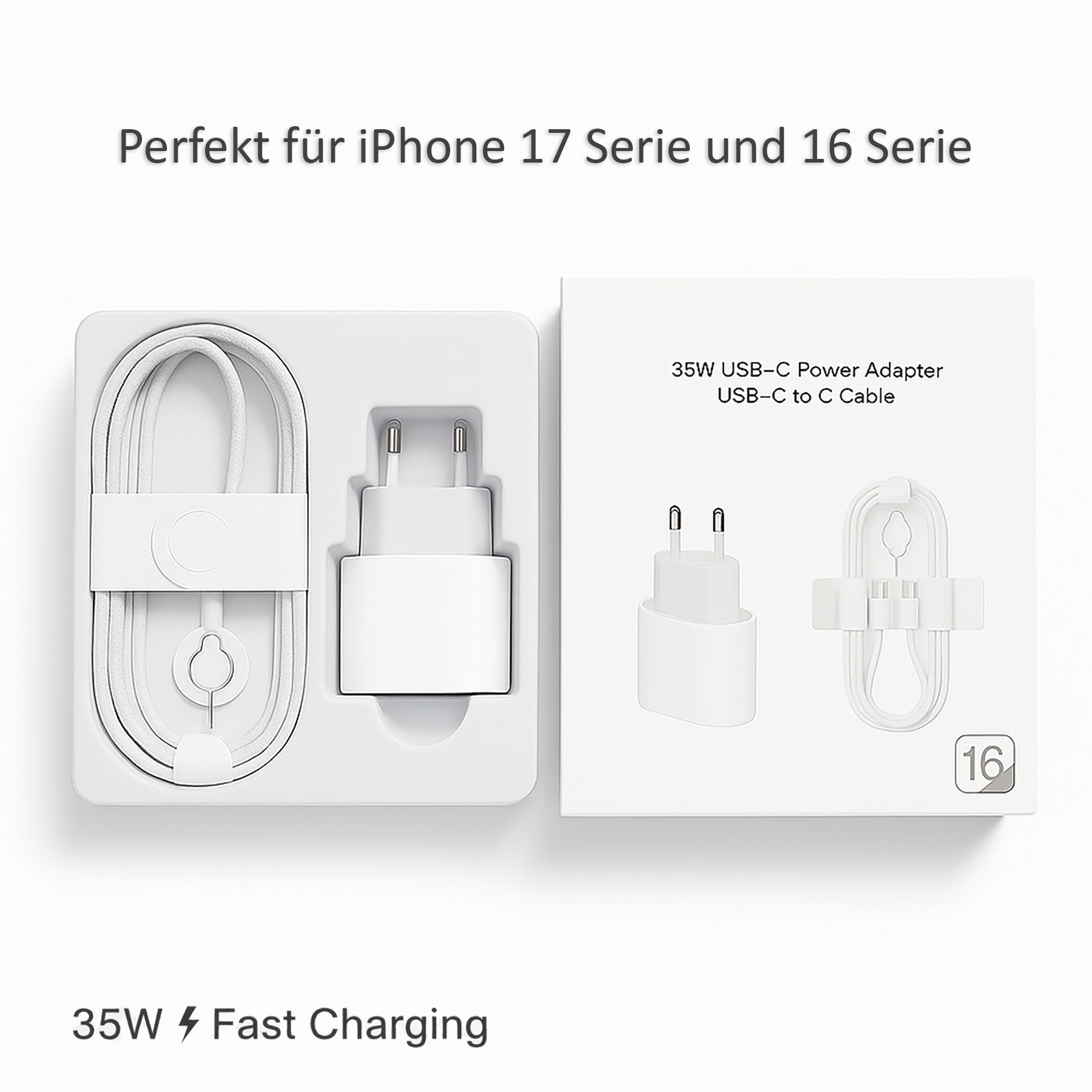 Weißes iPhone-Ladegerät-Set. Enthält Kabel, Adapter und Verpackung, gekennzeichnet für iPhone 16 und 17 Serie.