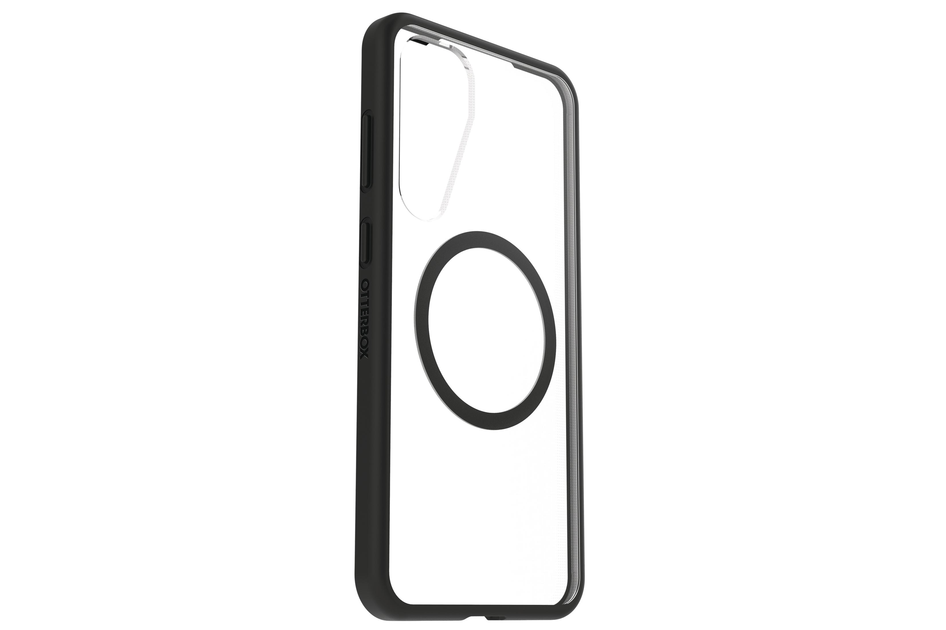 Una custodia trasparente per telefono con cornice nera e un anello nero sul retro. Logo Otterbox visibile.