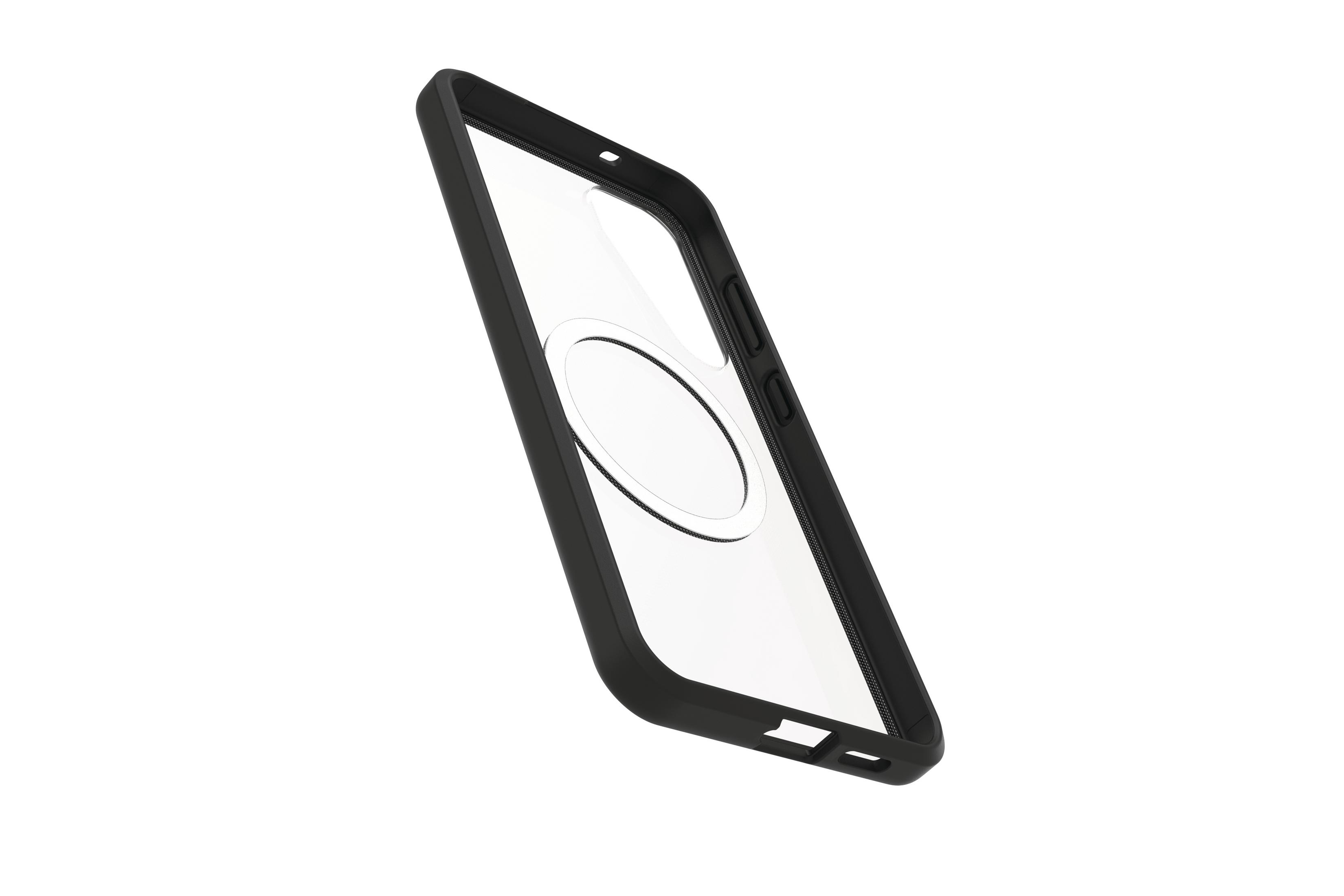 Una custodia trasparente per telefono con cornice nera e area di ricarica magnetica circolare bianca, su sfondo bianco.