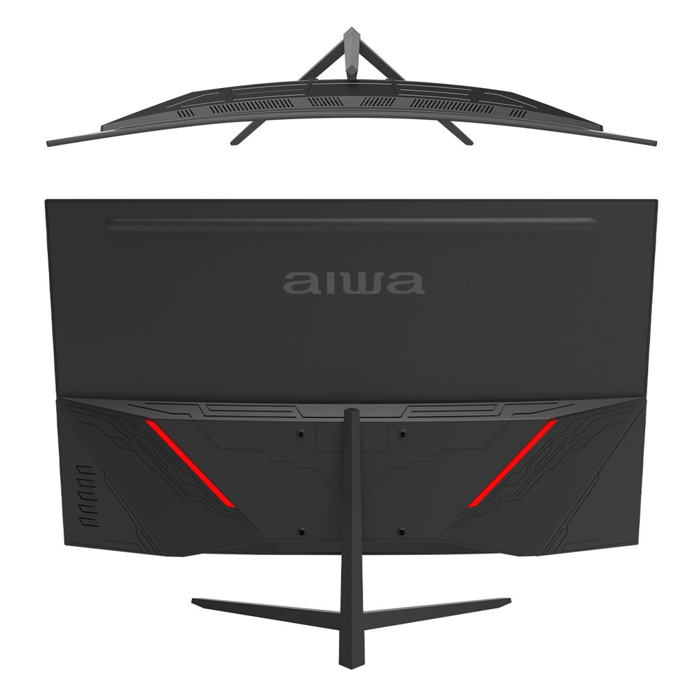 Czarny zakrzywiony monitor AIWA. Ma stojak, górę i czerwone akcenty z tyłu. Ekran jest czarny.
