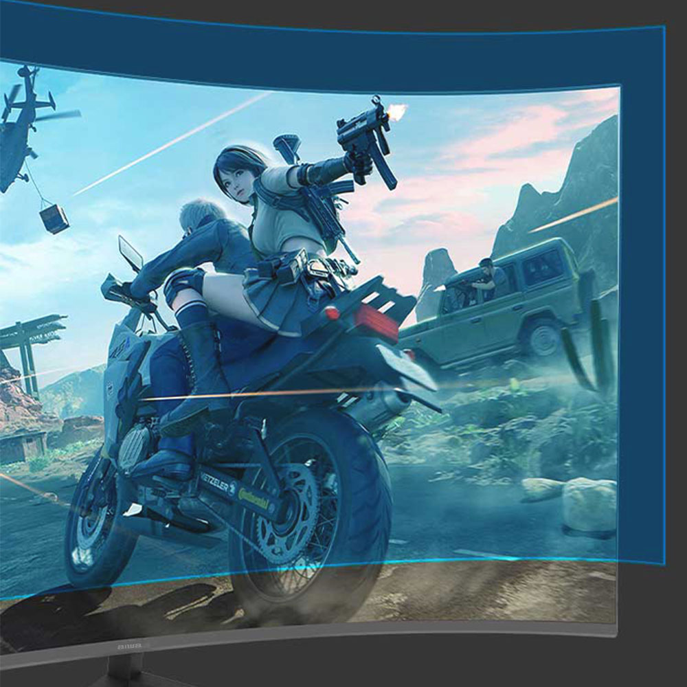 Kobieta na motocyklu strzela z pistoletu. W tle góry, samochód i helikopter.